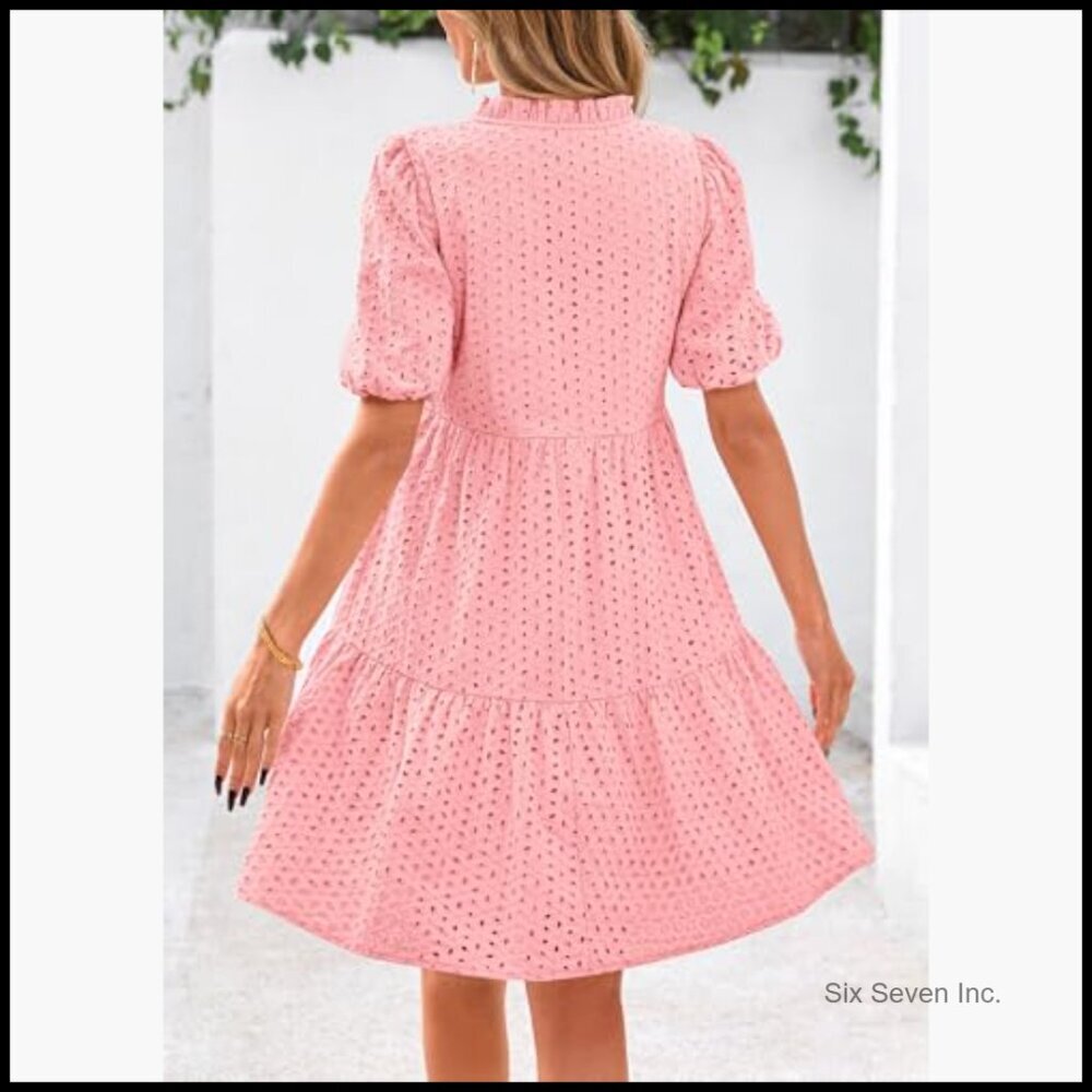 Eyelet Summer Mini Dress with Hollow Out Detail Short Sleeve V Neck - Picture 2 of 7